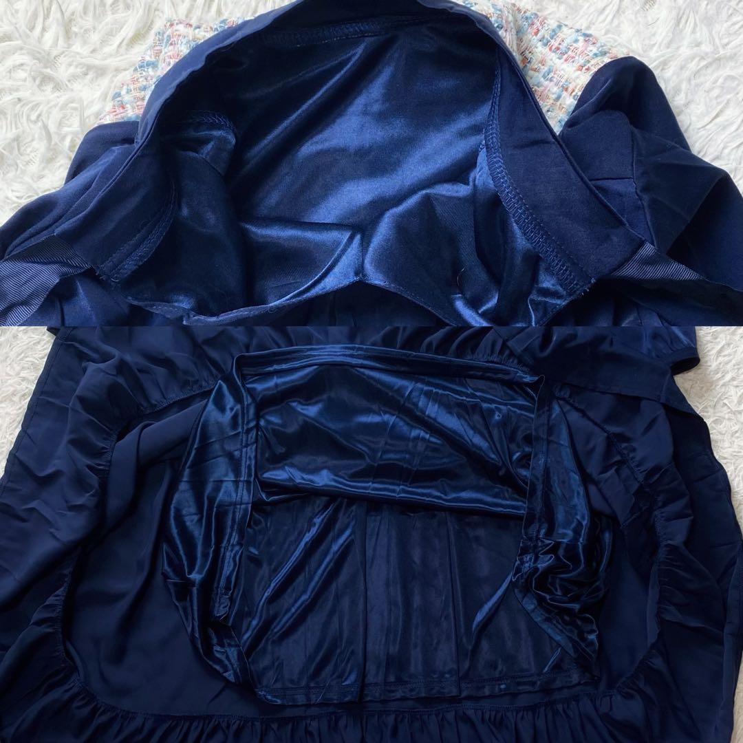 4極美品完売品 creema 華やか ツイード フラワー ワンピース マキシ 紺