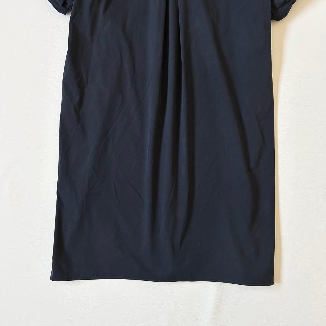 3107y美品 ティッカ 7分袖ボリューム袖ワンピース 紺 日本製 ストレッチ