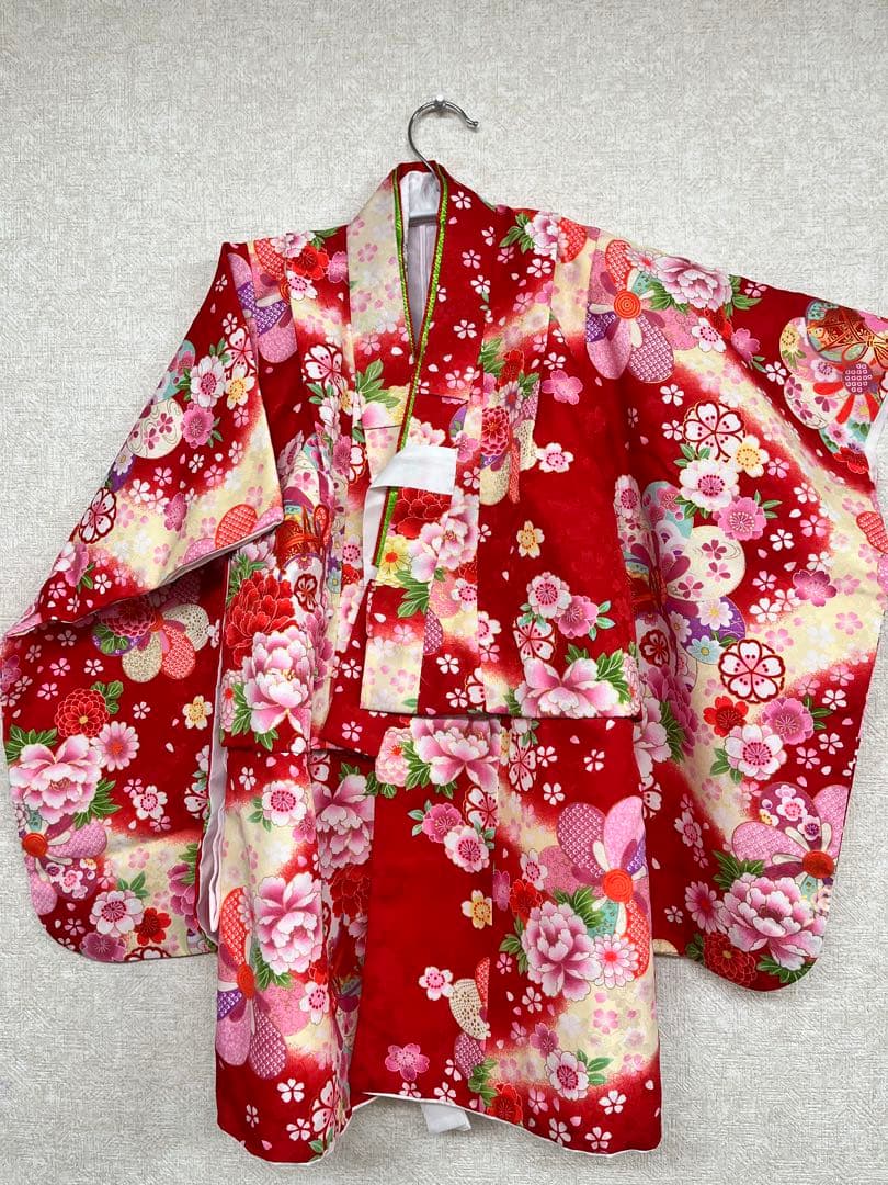 子供用　3歳　七五三　赤色花柄着物セット