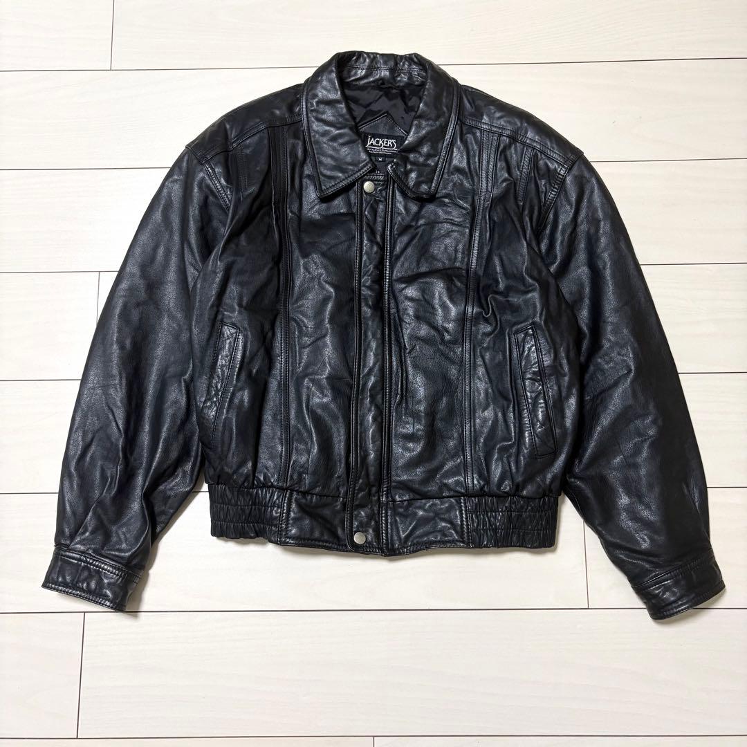 90s JACKERS 本革レザージャケット　短丈　中綿　牛革　ブラック　M