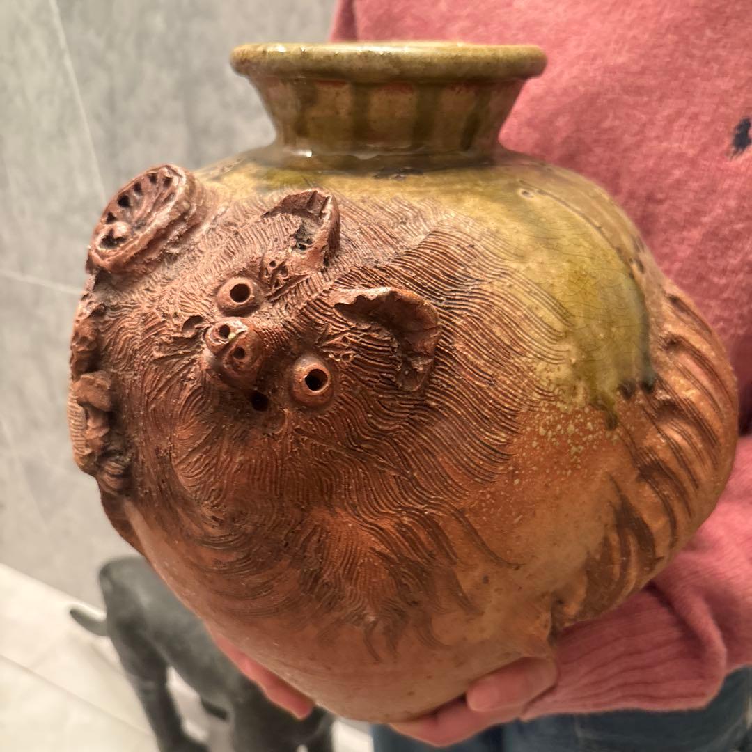 【希少】ヴィンテージ信楽焼 圧倒的な存在感の狸 変形花瓶　創作花器縁起