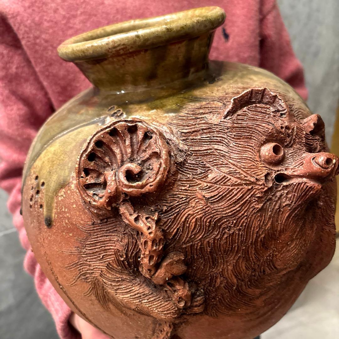 【希少】ヴィンテージ信楽焼 圧倒的な存在感の狸 変形花瓶　創作花器縁起