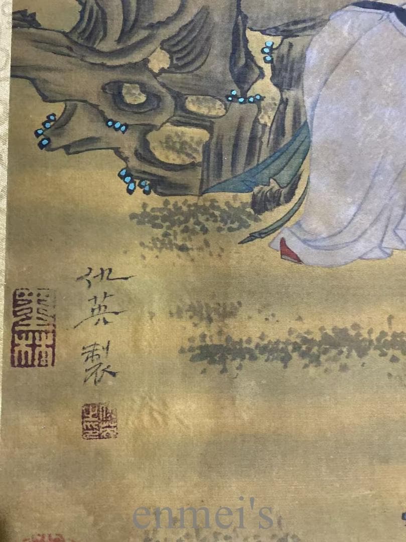 中国古美術『仇英款 人物画』絹布 三尺中堂画 掛軸 表装済 水墨画 模写 古玩