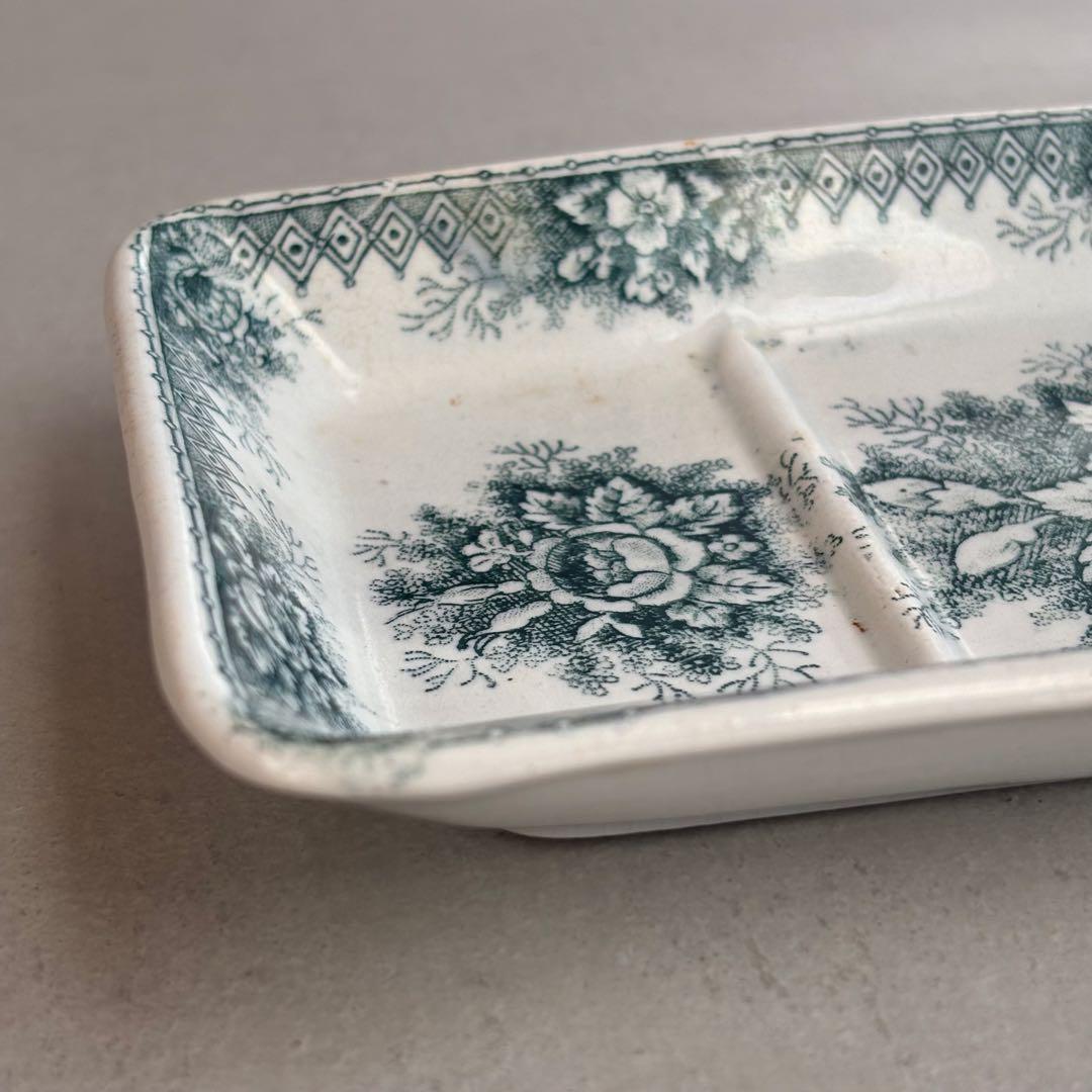 希少フランスアンティーク サンタマン JARDINIERE 藍色の花模様 トレイ