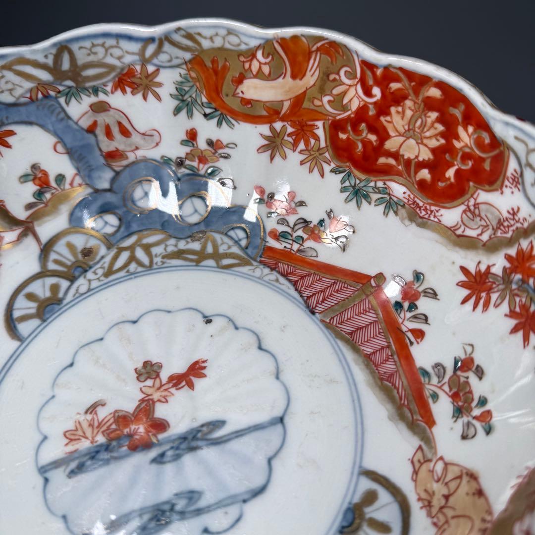 幕末〜明治　色絵鹿紅葉文大小菊花形鉢　陽刻　花鳥図　金蘭手　大皿料理