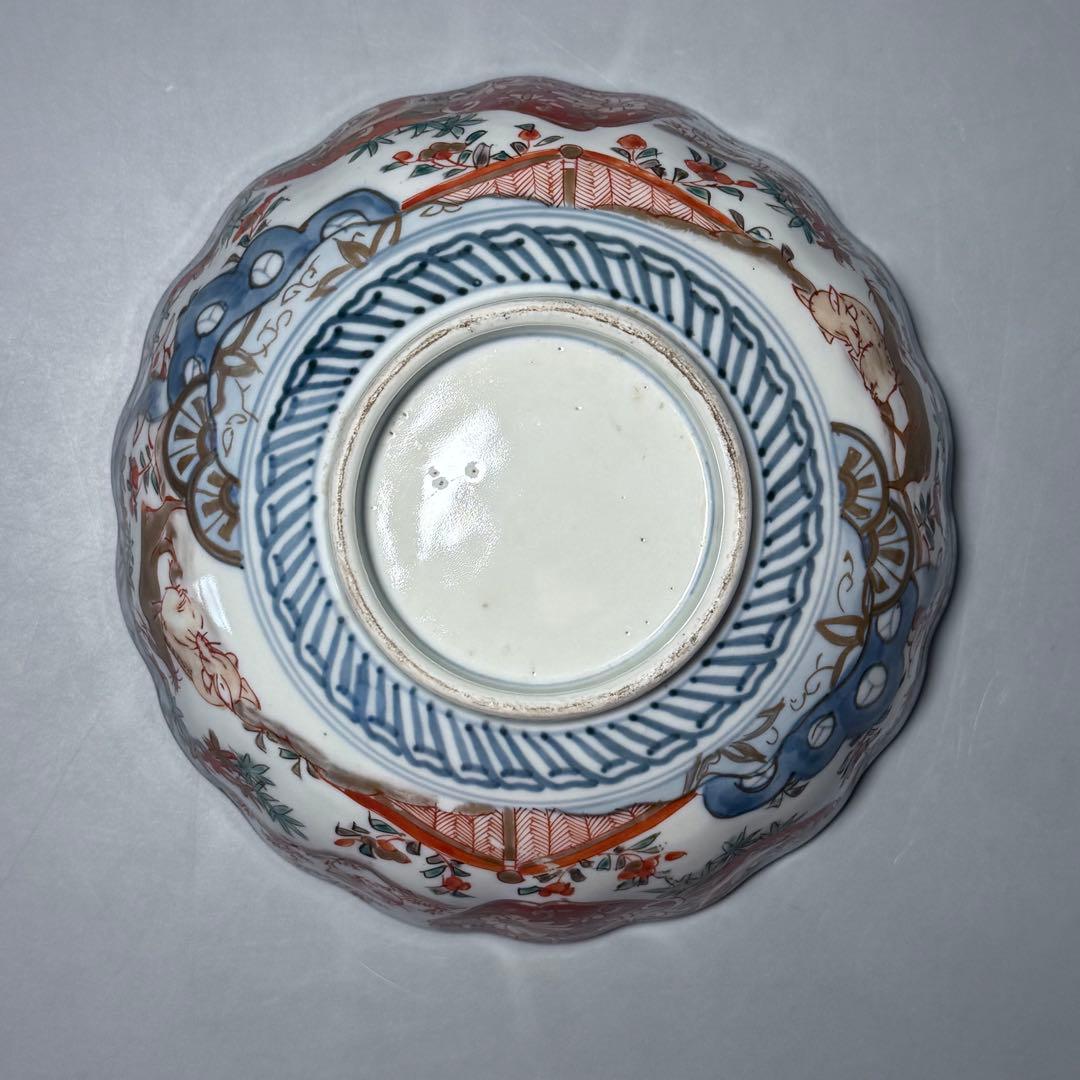 幕末〜明治　色絵鹿紅葉文大小菊花形鉢　陽刻　花鳥図　金蘭手　大皿料理