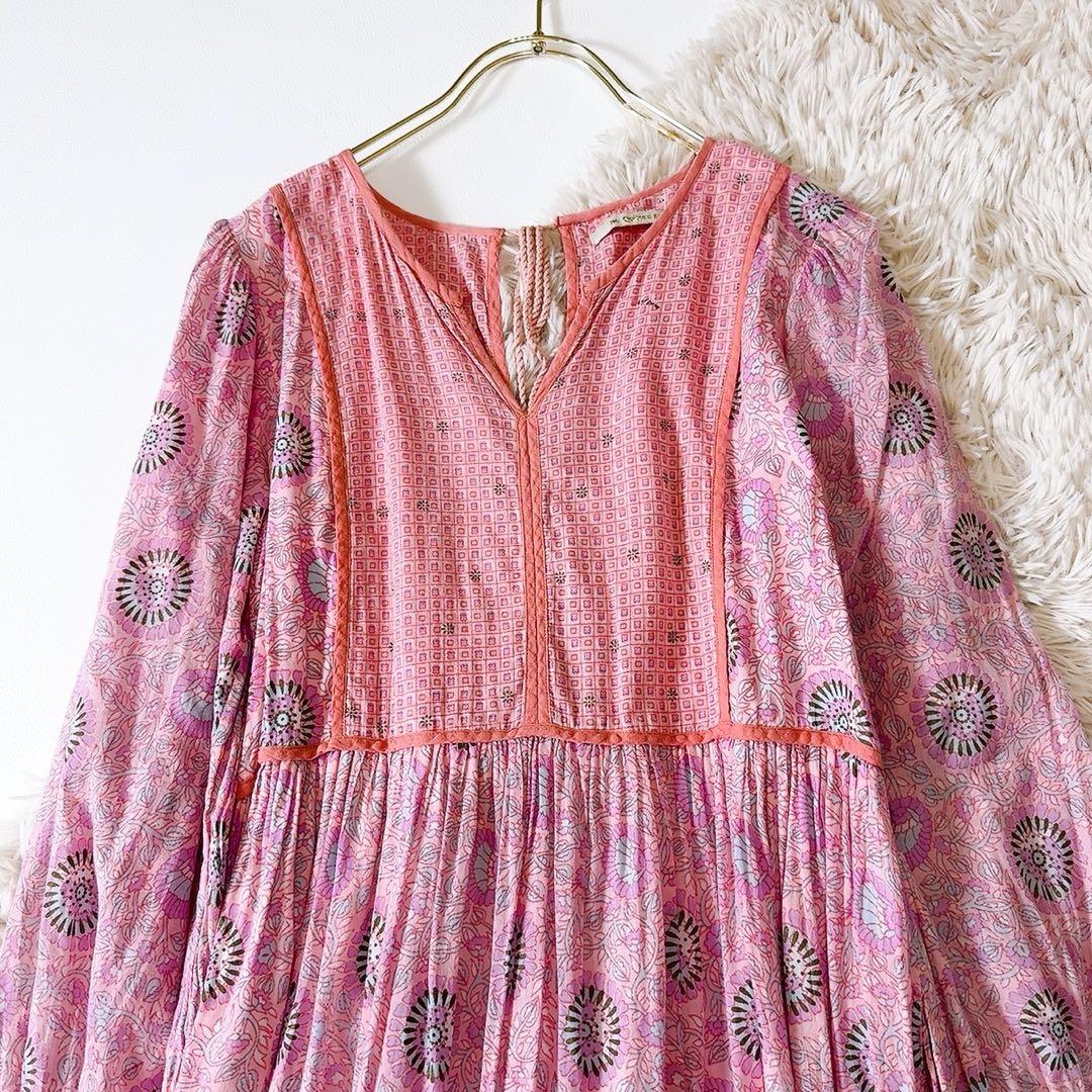 極美品ꕥヌキテパ コンビネーションエスニックギャザープリントドレス 花 リボン