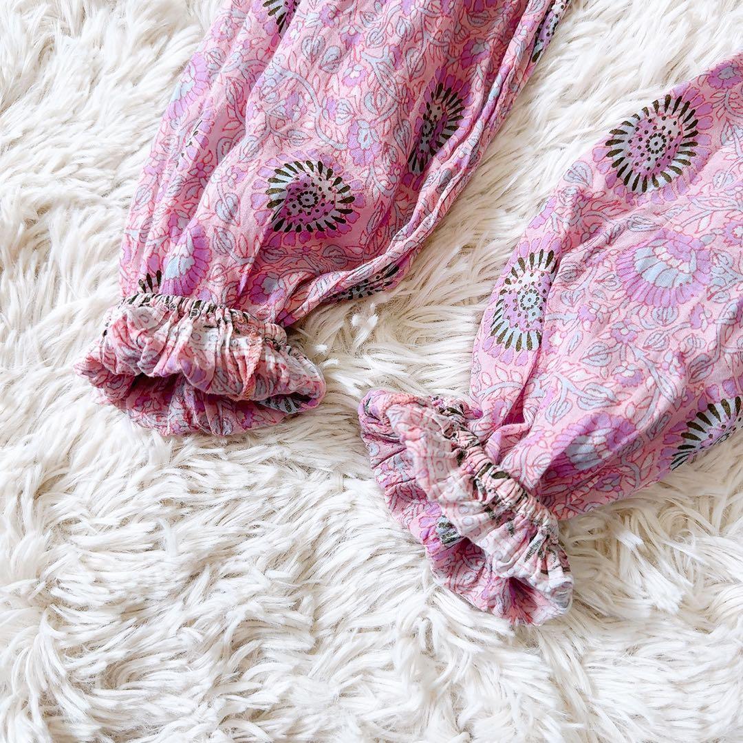 極美品ꕥヌキテパ コンビネーションエスニックギャザープリントドレス 花 リボン