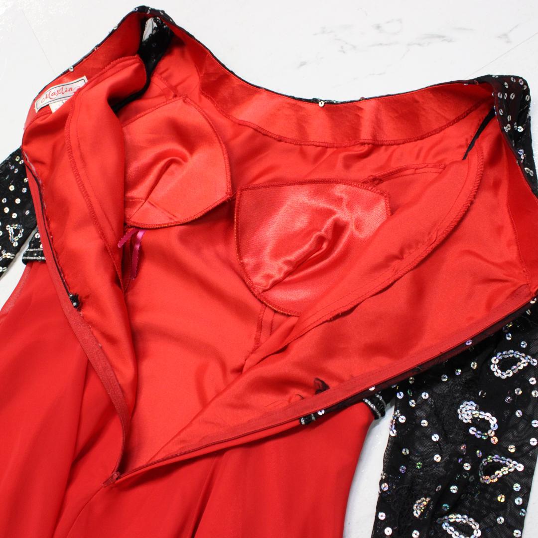 【美品 社交ダンス衣装】ワンピース ドレス 赤 黒 レッド ブラック レース