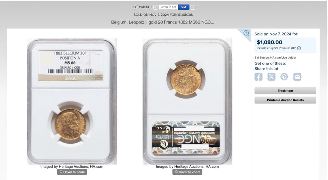 1882年 ベルギー レオポルド2世 20フラン金貨 PCGS MS66 NGC