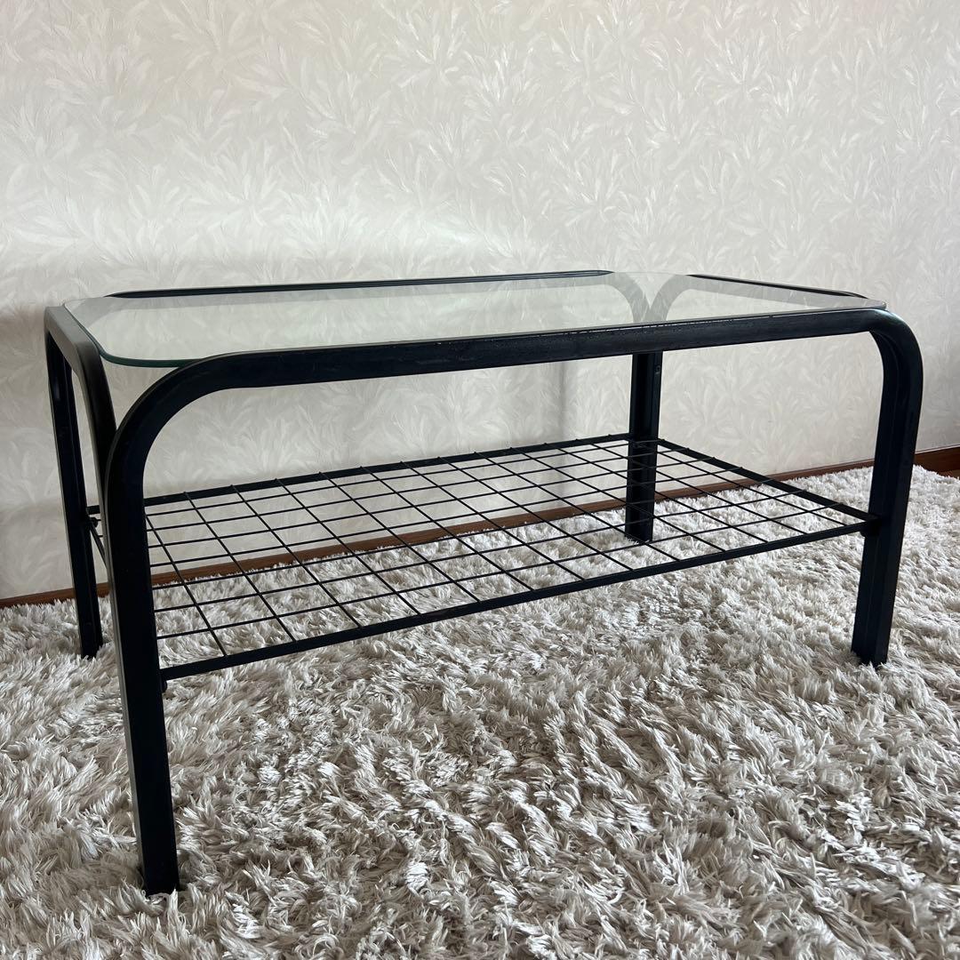 80's 90s アイアンフレーム 長方形 ガラスローテーブル 昭和レトロ