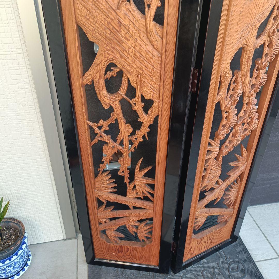 高級 彫刻 欄間 衝立 二曲屏風 松竹梅 天然木 透かし彫り 縁起物