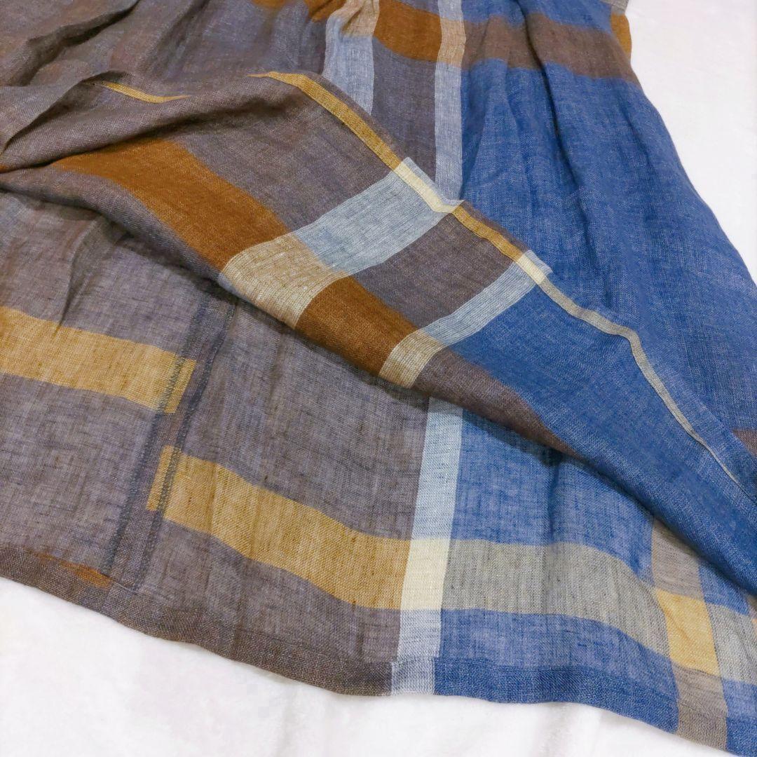 【麻100%】センソユニコ　イオコムイオ　ワンピース（38）リネンチェック　青系