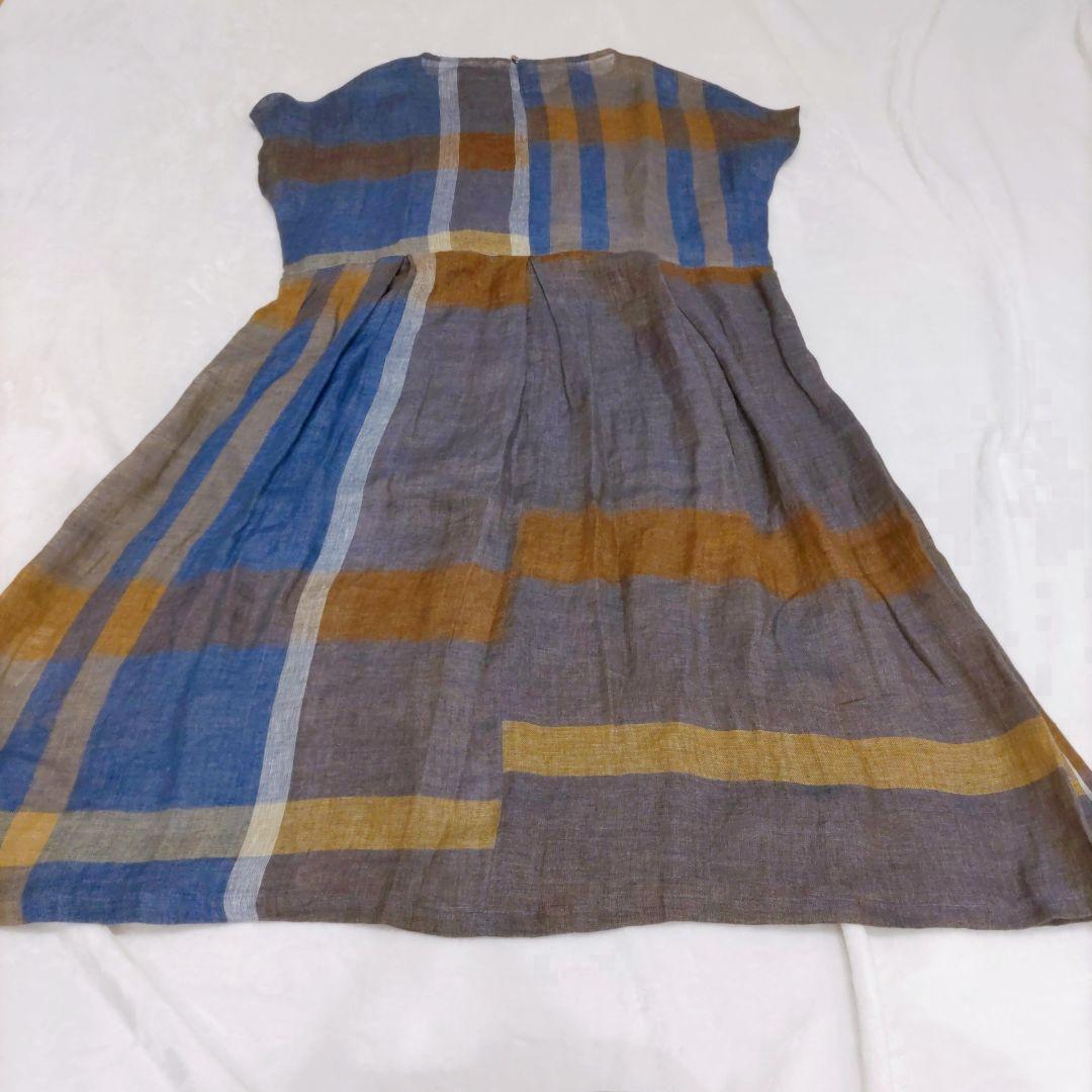 【麻100%】センソユニコ　イオコムイオ　ワンピース（38）リネンチェック　青系