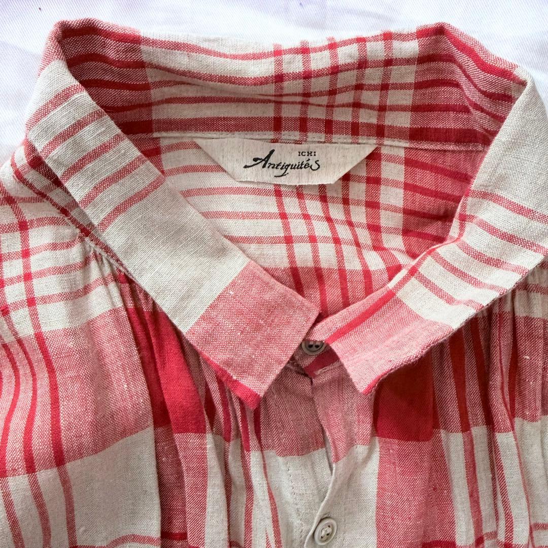 ichi Antiquités リネンポミエチェックシャツワンピース