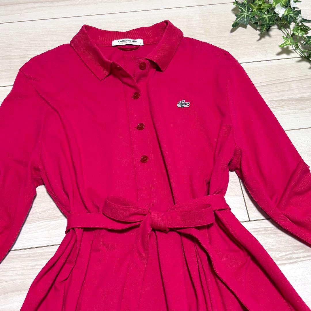 美品　ラコステ　ポロドレス　ポロワンピース　L ポロシャツ　ウエストリボン　赤