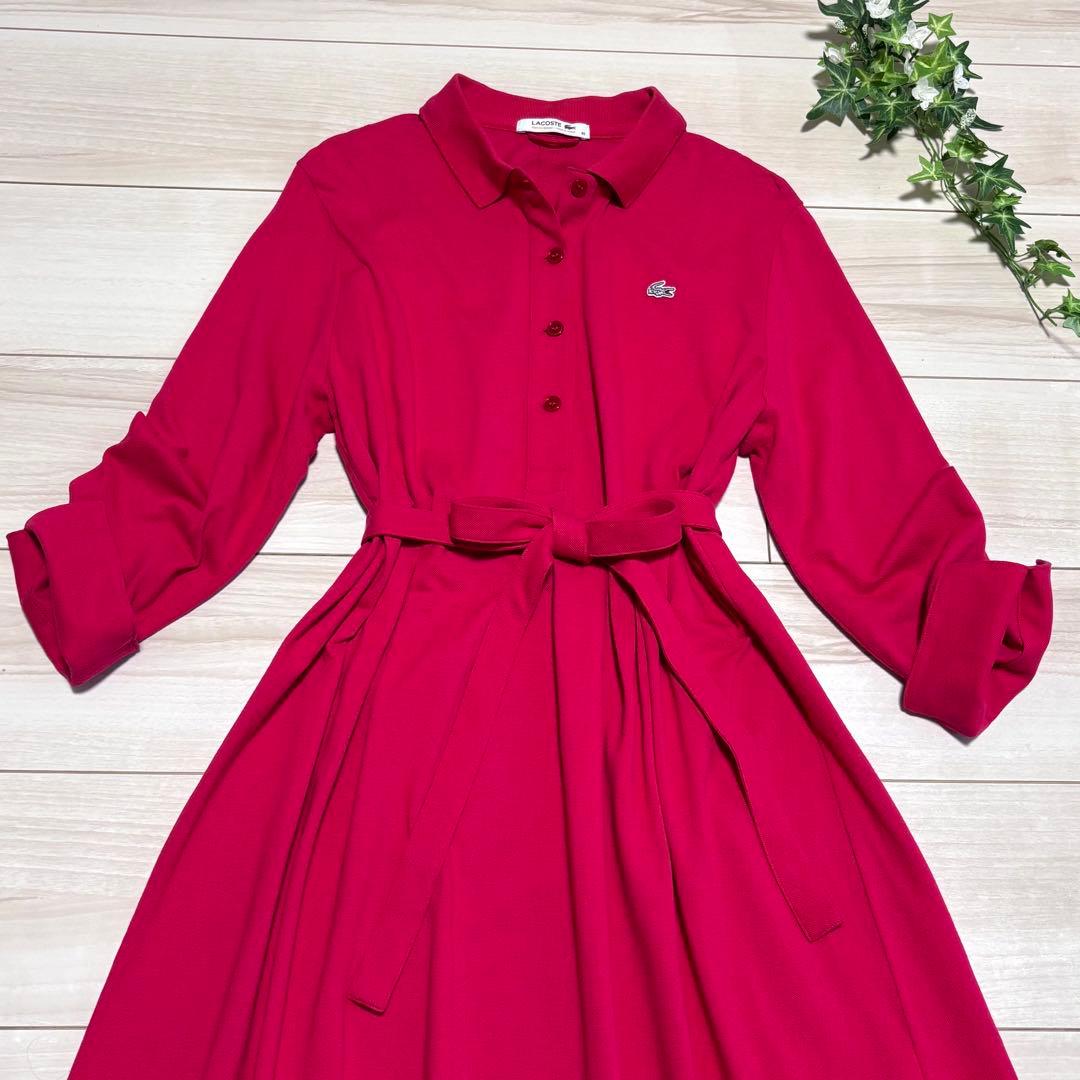 美品　ラコステ　ポロドレス　ポロワンピース　L ポロシャツ　ウエストリボン　赤