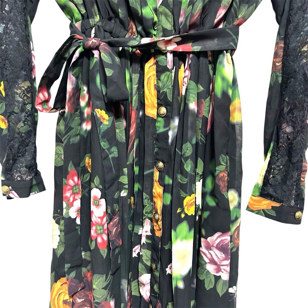 【美品】アメリヴィンテージ花柄ワンピースドレスレース結婚式フリーサイズ