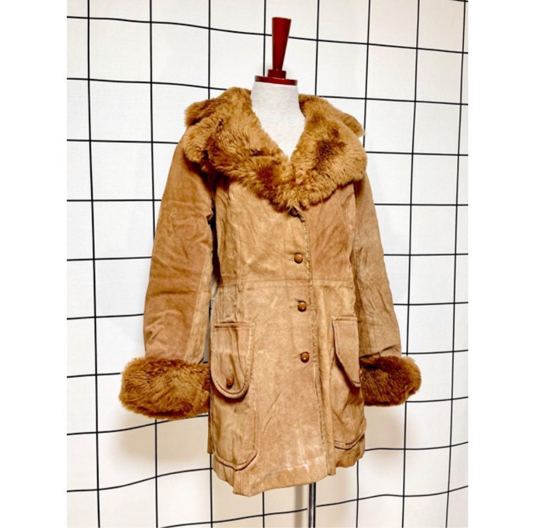 vintageヴィンテージコートファースエードビッグカラーレトロUSA海外古着