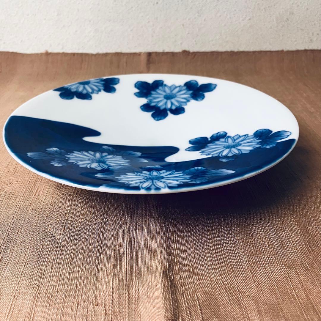 深川製磁　染付　菊模様6寸皿　有田焼　手書き　ハンドペイント