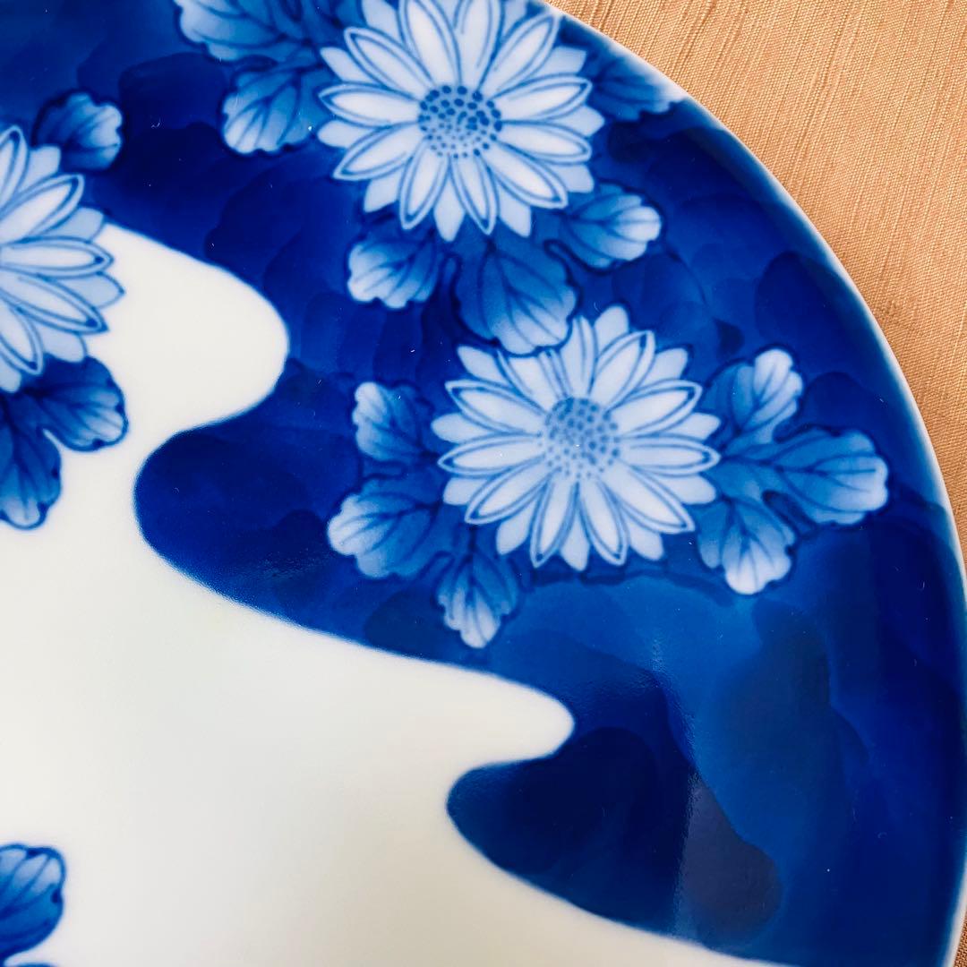 深川製磁　染付　菊模様6寸皿　有田焼　手書き　ハンドペイント