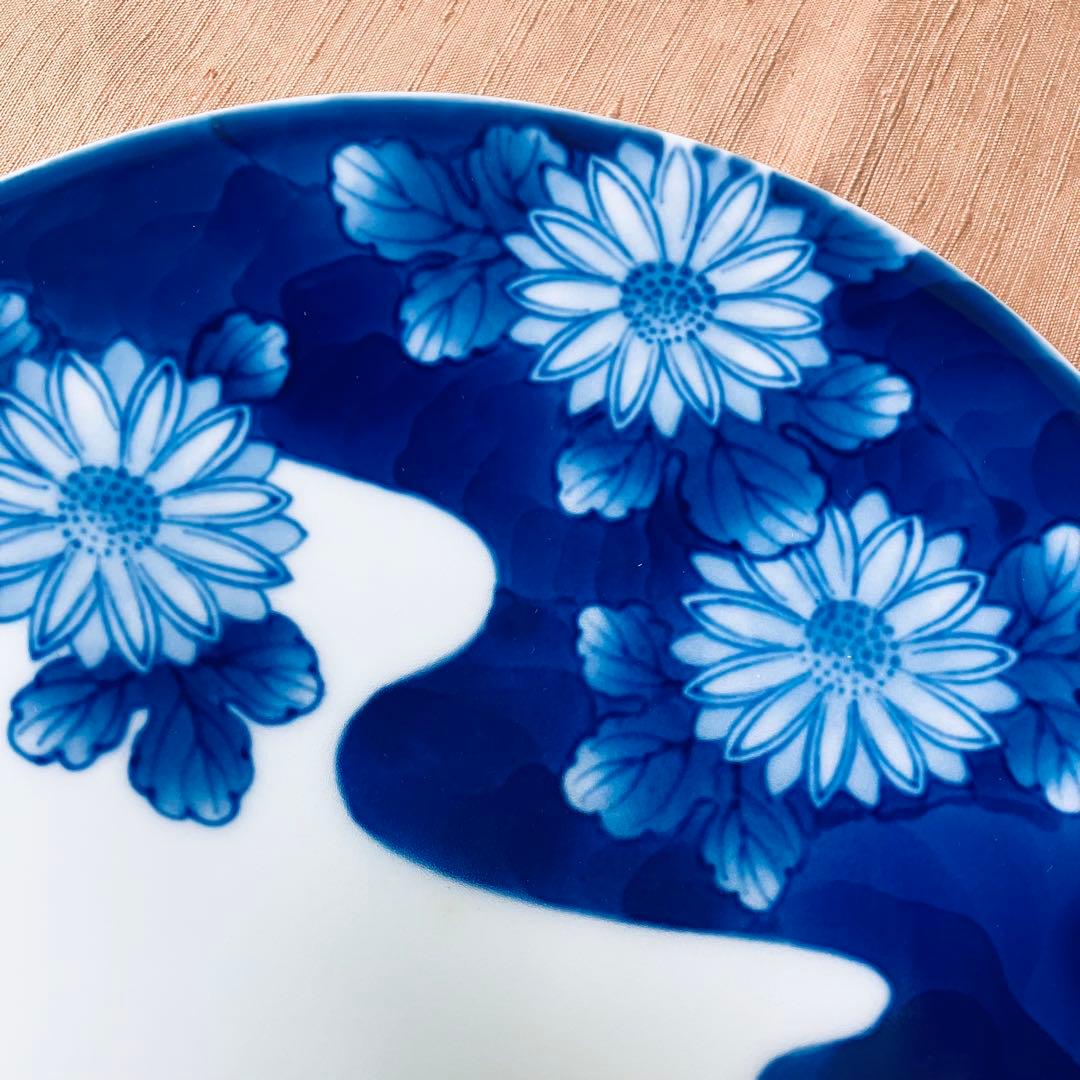 深川製磁　染付　菊模様6寸皿　有田焼　手書き　ハンドペイント