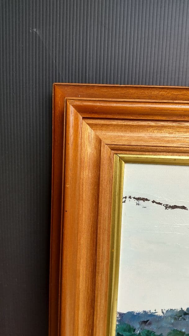 港の風景 油彩画 木製ガラスフレーム