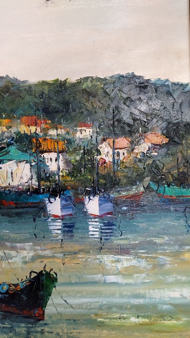 港の風景 油彩画 木製ガラスフレーム