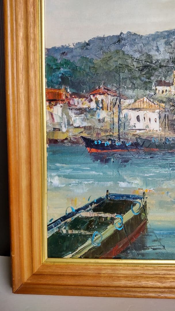 港の風景 油彩画 木製ガラスフレーム