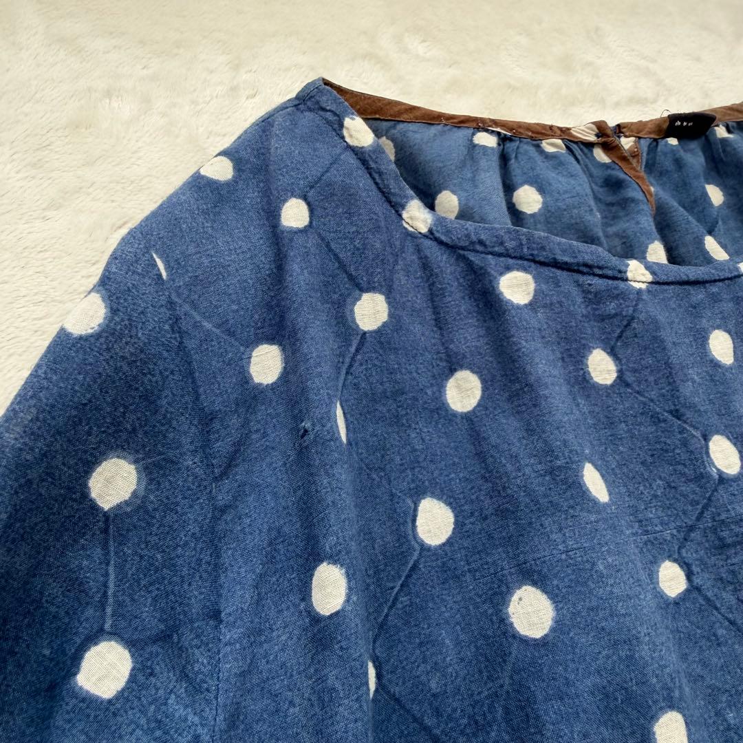 45R インディゴ染め ドット コットンギャザー チュニック ブラウス トップス