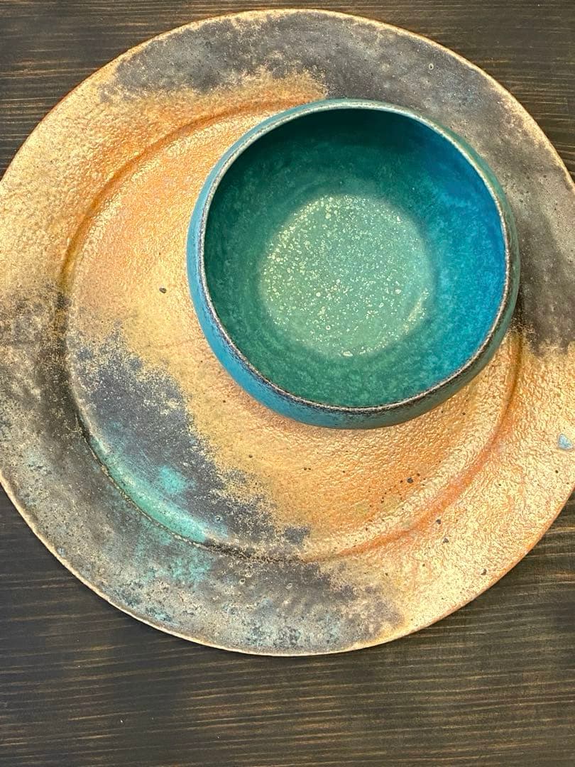 藤本羊子　Bオレンジターコイズブルー　大皿　作家もの　手びねり　プレート　貴重