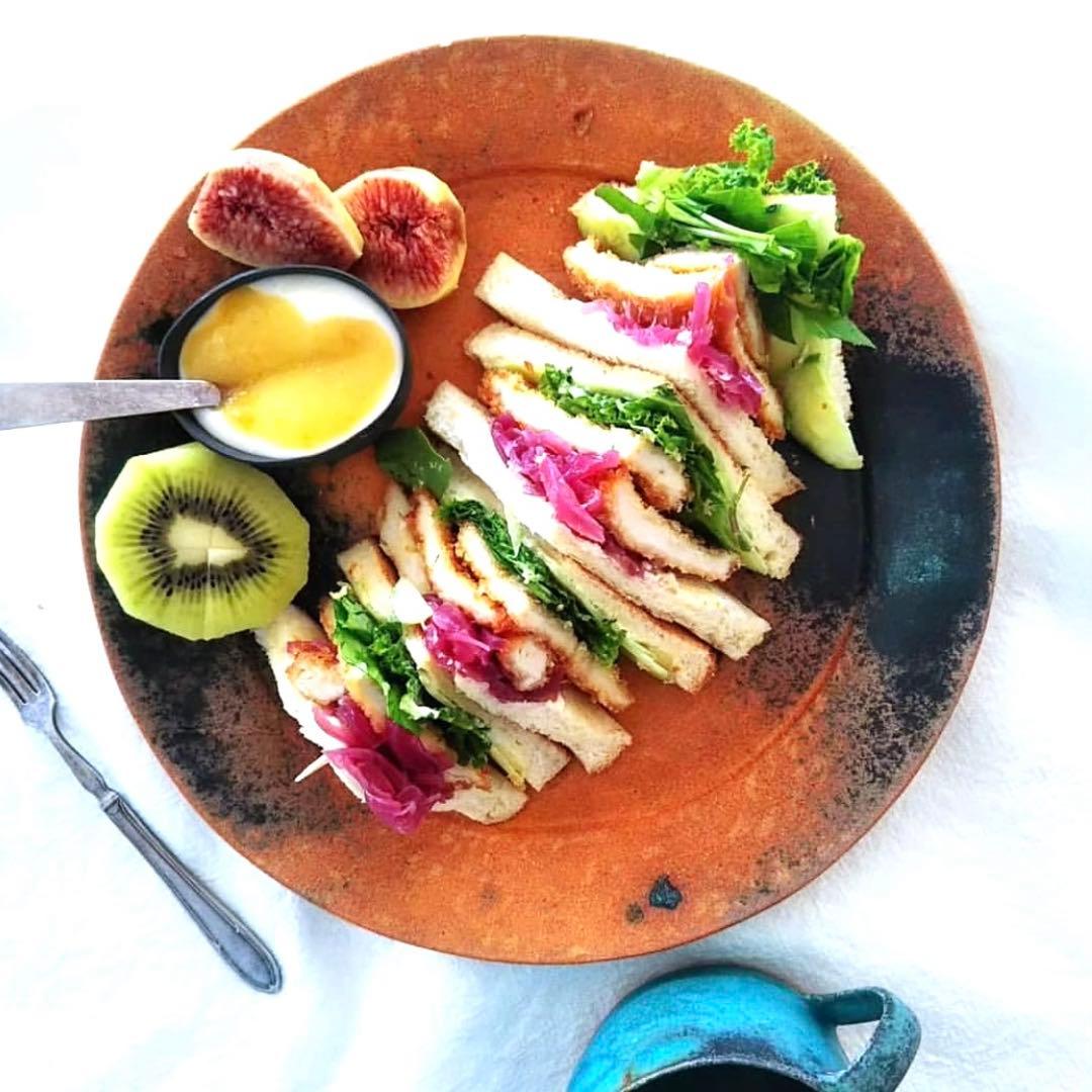 藤本羊子　Bオレンジターコイズブルー　大皿　作家もの　手びねり　プレート　貴重