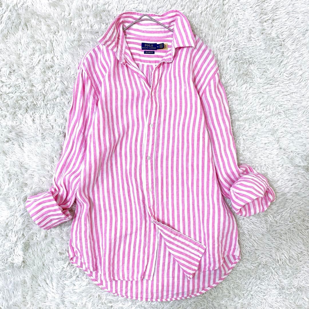 【美品 近年】ポロラルフローレン ストライプシャツ ポニー刺繍 リネンM