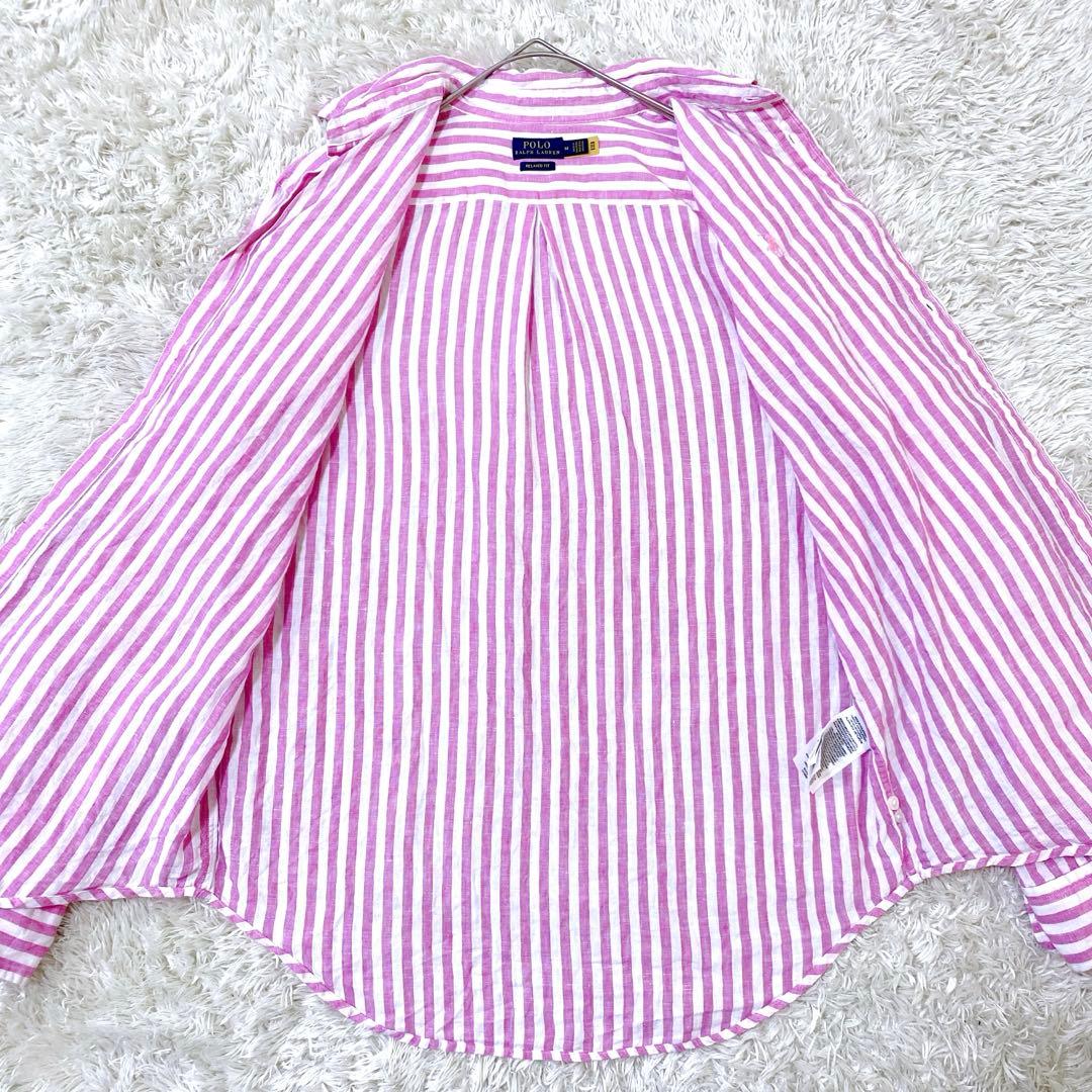 【美品 近年】ポロラルフローレン ストライプシャツ ポニー刺繍 リネンM