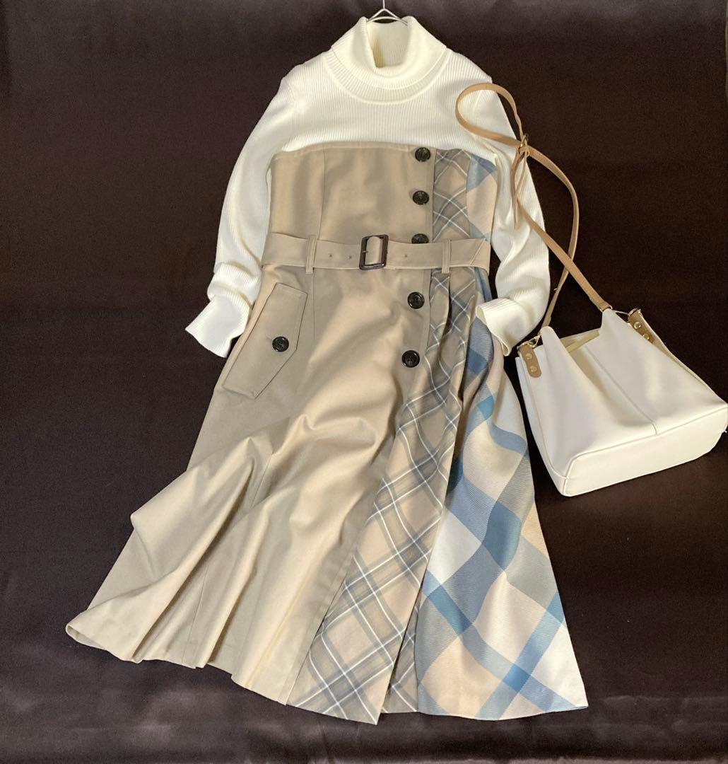 極美品 ブルーレーベルクレストブリッジ ドッキングワンピース 36 チェック切替