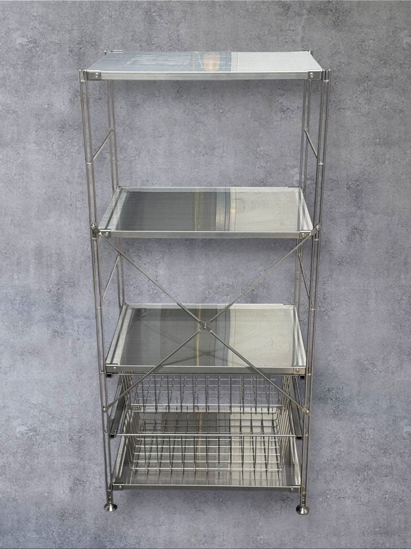 MUJI 無印良品 ステンレスユニットシェルフ4段 ステンレスバスケットx2