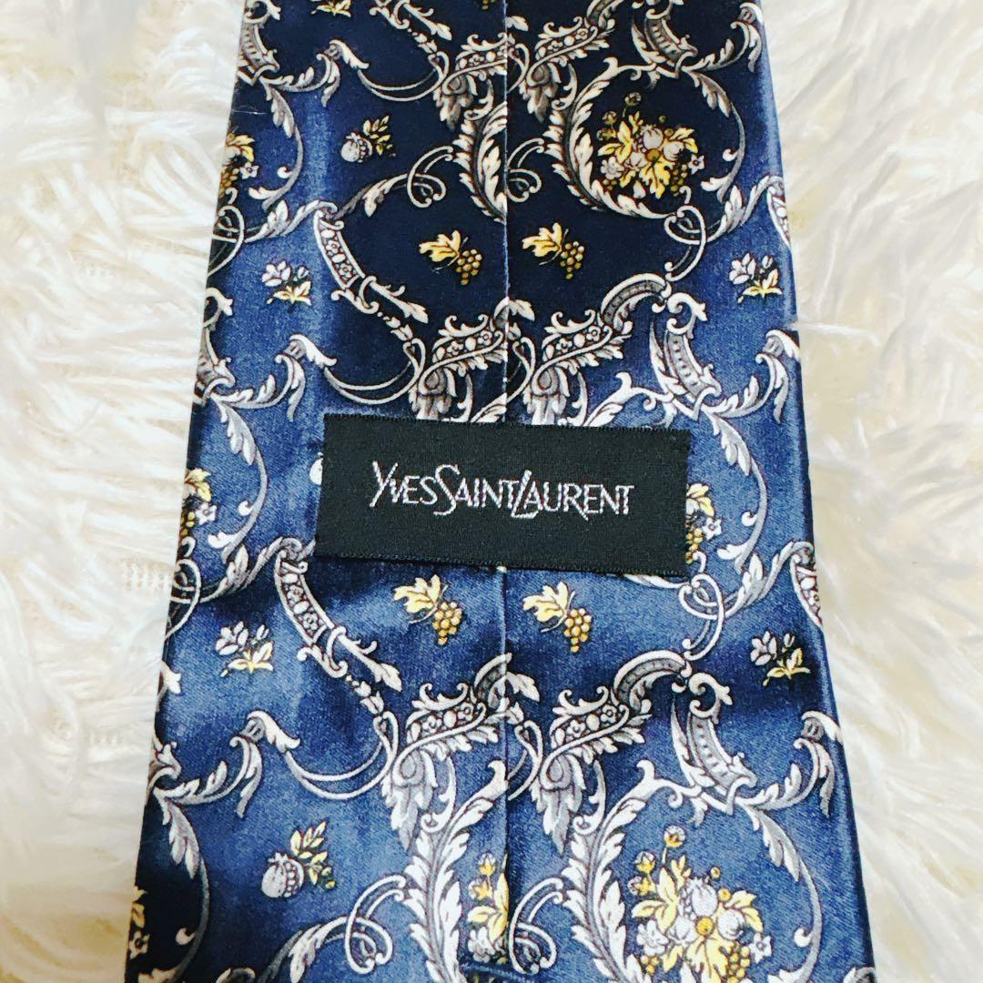 【美品】イヴサンローラン ネクタイ ネイビー ゴールド 花柄 高級シルク100%