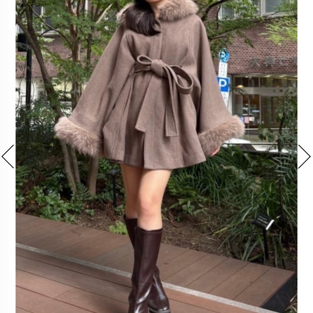 rienda ウールMIXフードポンチョコート　ブラウン