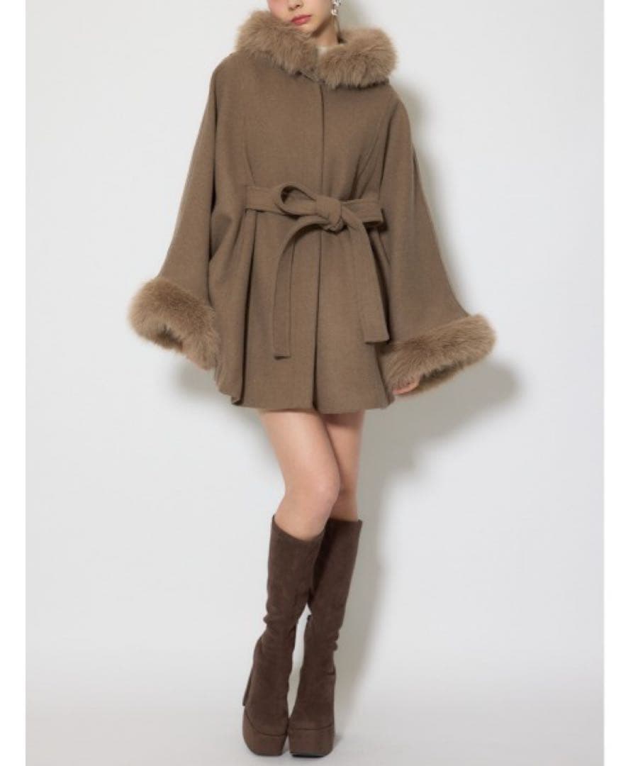 rienda ウールMIXフードポンチョコート　ブラウン