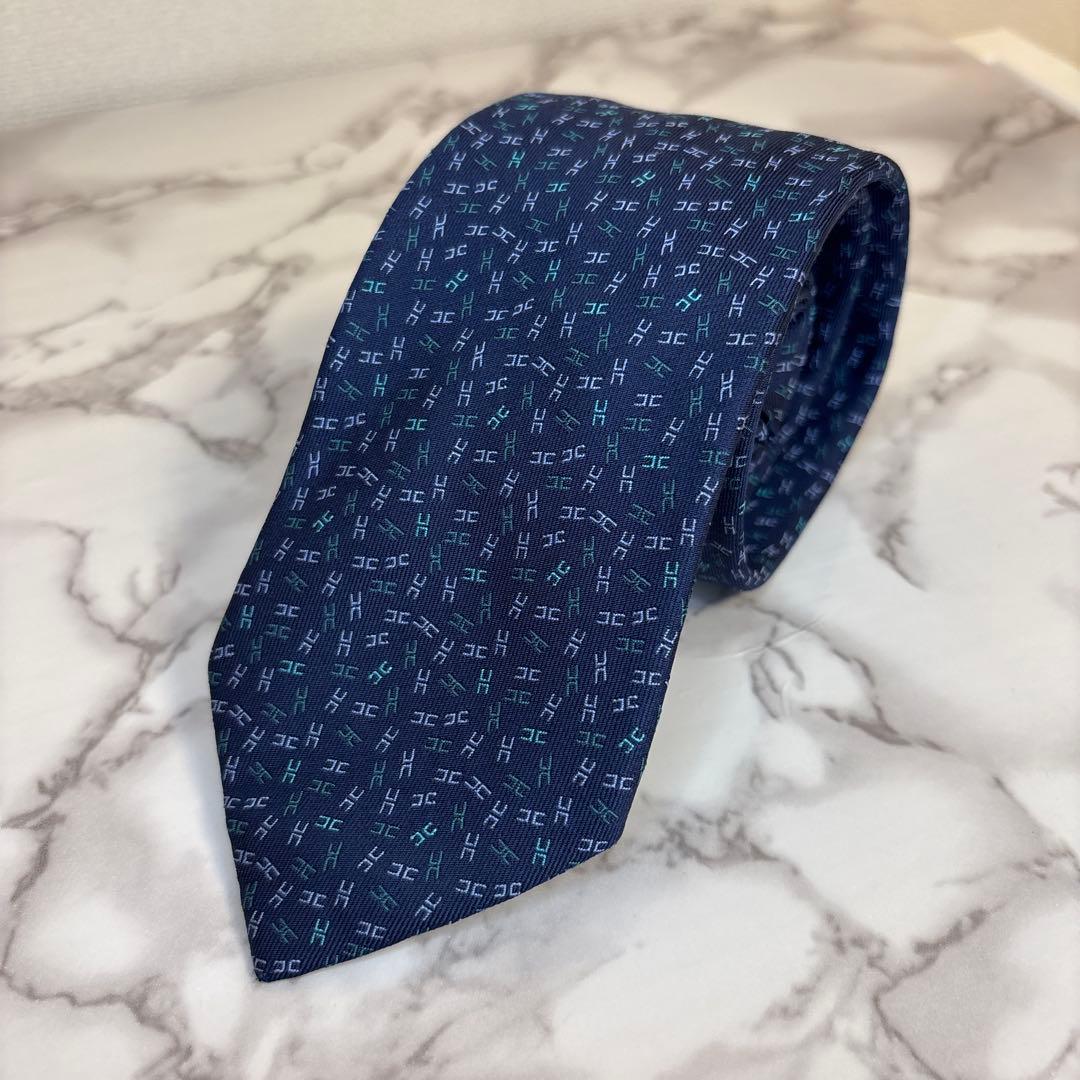 【極美品✨】HERMES ネクタイ　ファソネ　ネイビー　紺　刺繍　ブルー　青　H