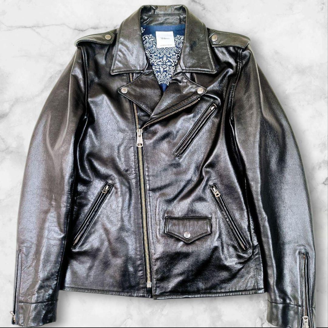 ロンハーマン ダブルライダースジャケット 牛革 ペイズリー柄 バンダイ柄 黒 L