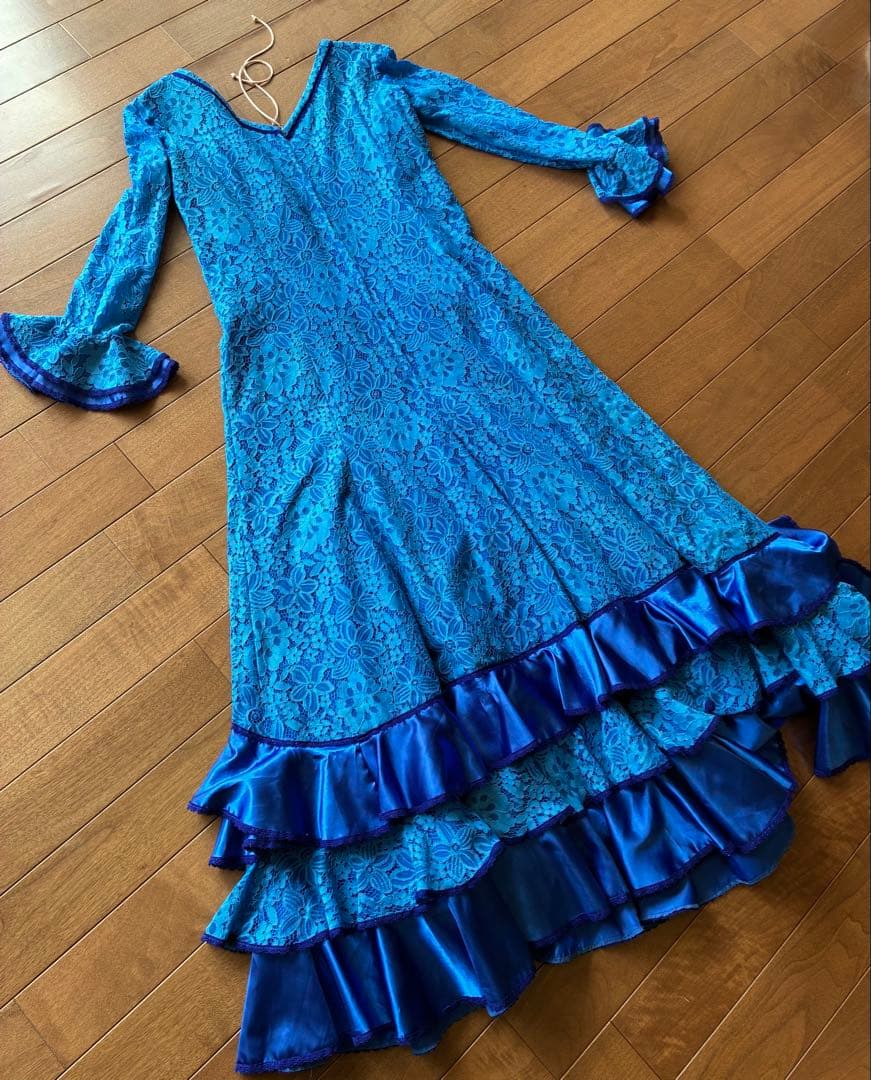 青いレースフリル　フラメンコワンピース　おまけ付き