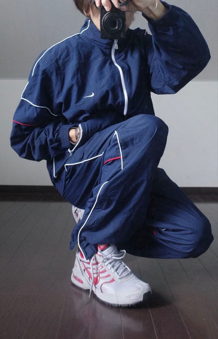 ナイキ00sネイビートラックスーツセットアップ白パイピングジャージ上下NIKE