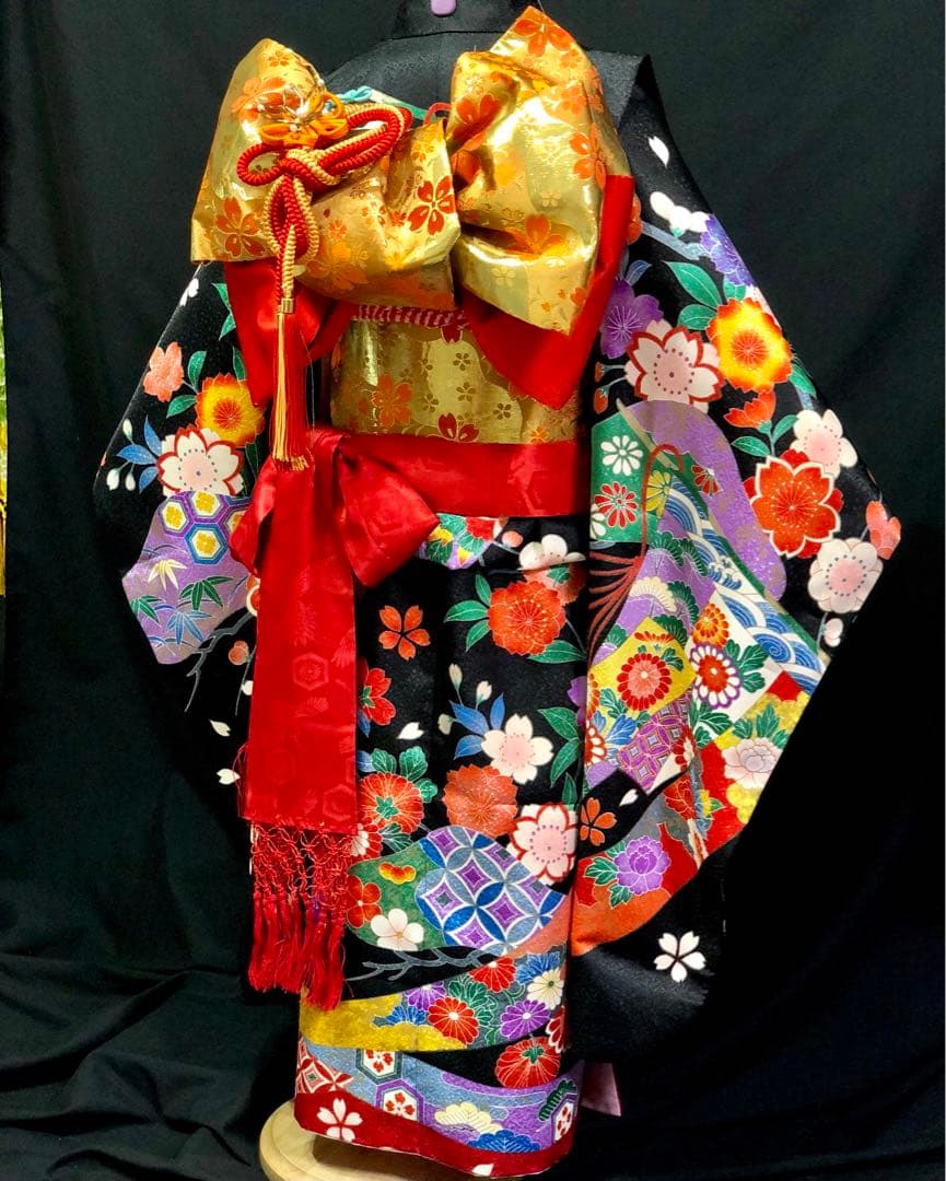 七五三　7歳　熨斗　黒　四つ身　着物　作り帯　セット　女の子　753 七歳