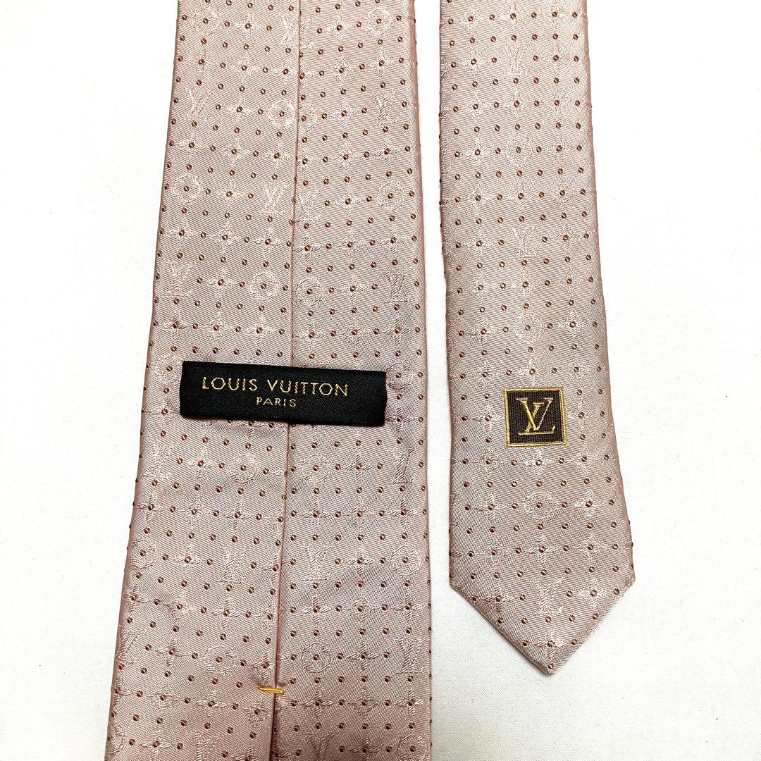 美品 ルイヴィトン ネクタイ モノグラム LVロゴ ドット ピンク系 ジャガード