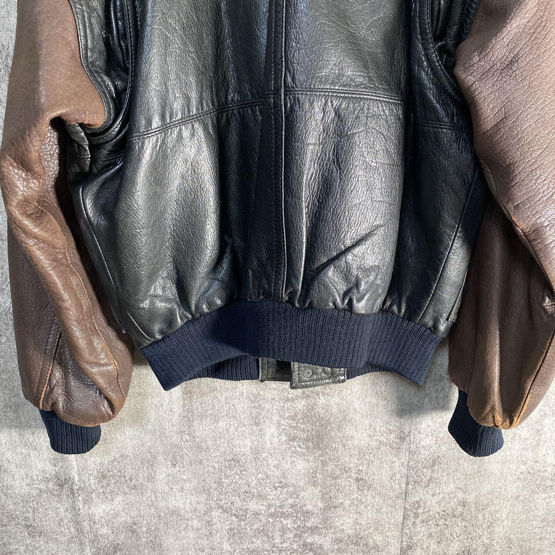 90s 本革 レザースタジャン くたり艶 2トーン デザインブルゾン　韓国製