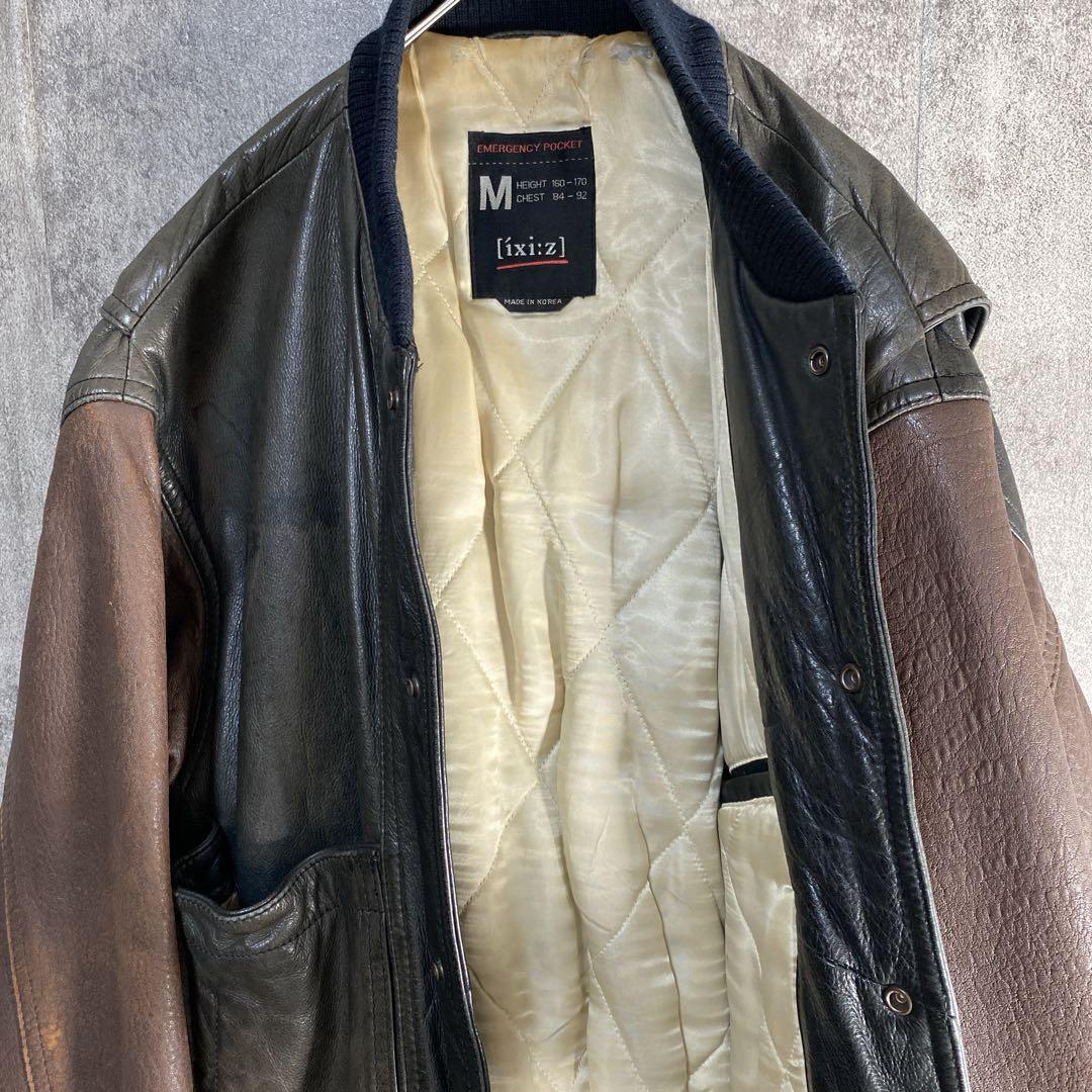 90s 本革 レザースタジャン くたり艶 2トーン デザインブルゾン　韓国製