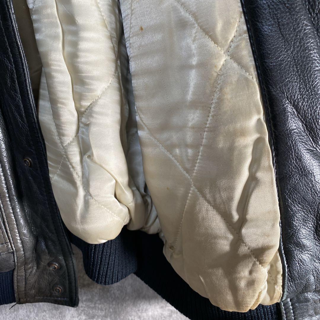 90s 本革 レザースタジャン くたり艶 2トーン デザインブルゾン　韓国製