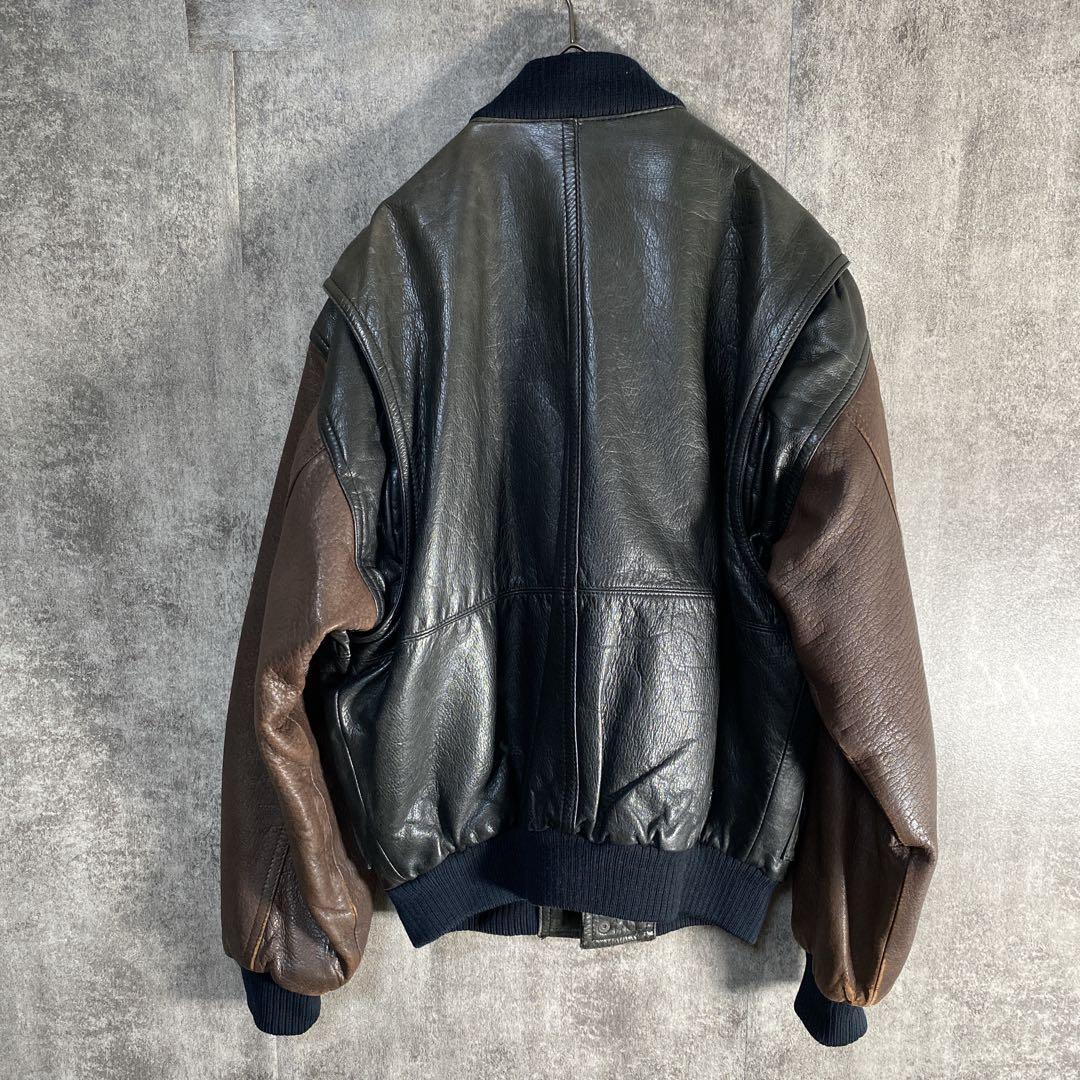 90s 本革 レザースタジャン くたり艶 2トーン デザインブルゾン　韓国製