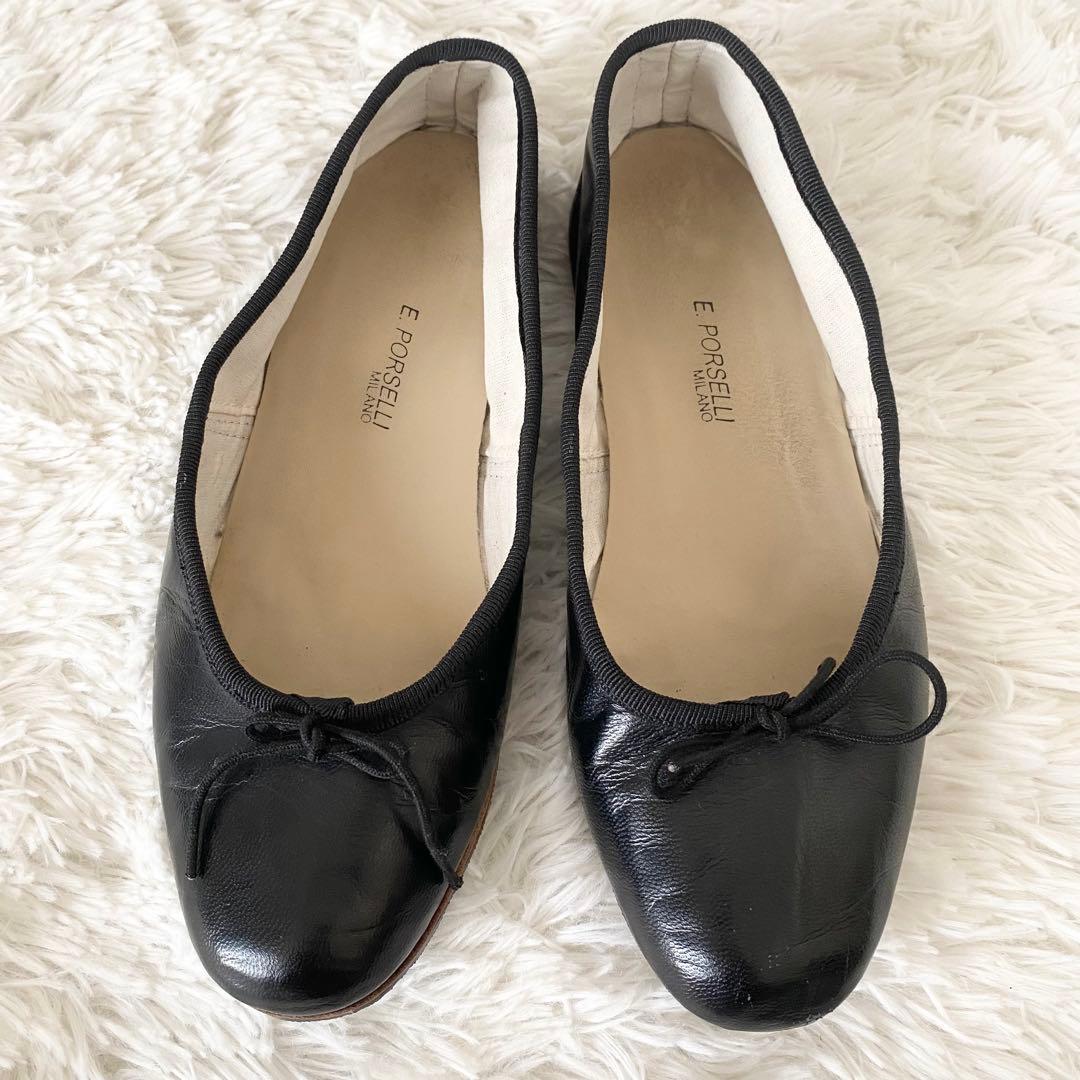 E.PORSELLI ポルセリ バレエシューズ リボン レザー 黒 23.5